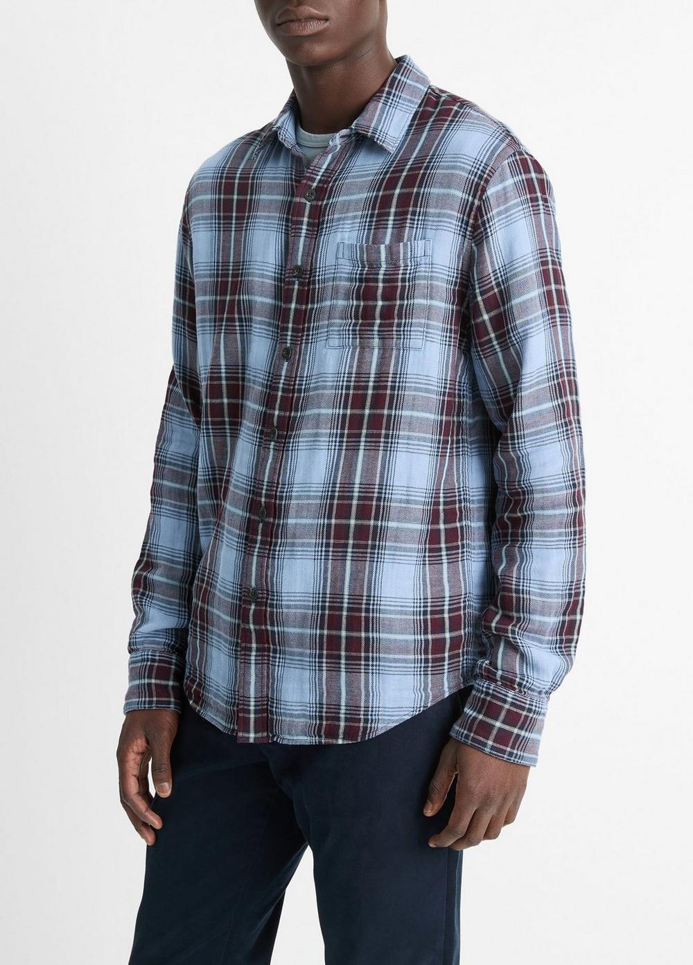 Mens Napa Plaid Cotton Shirt, Blue Cloud/malbec, Size XL Vince Product Image