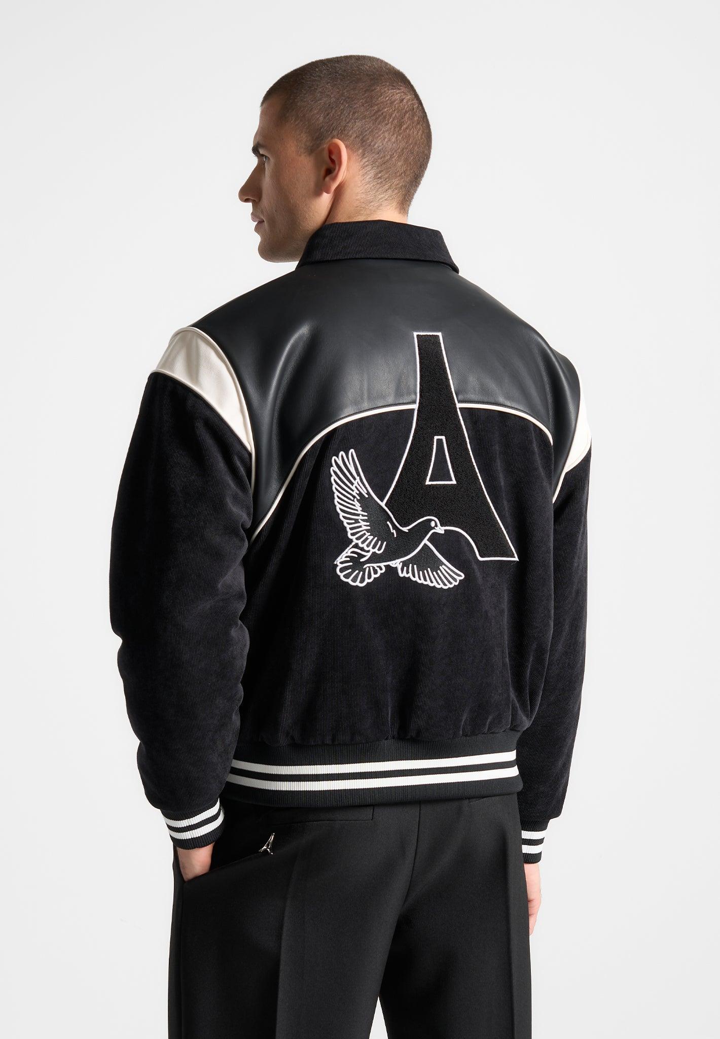 Raglan Corduroy Eiffel Varsity Jacket - Black Male Product Image