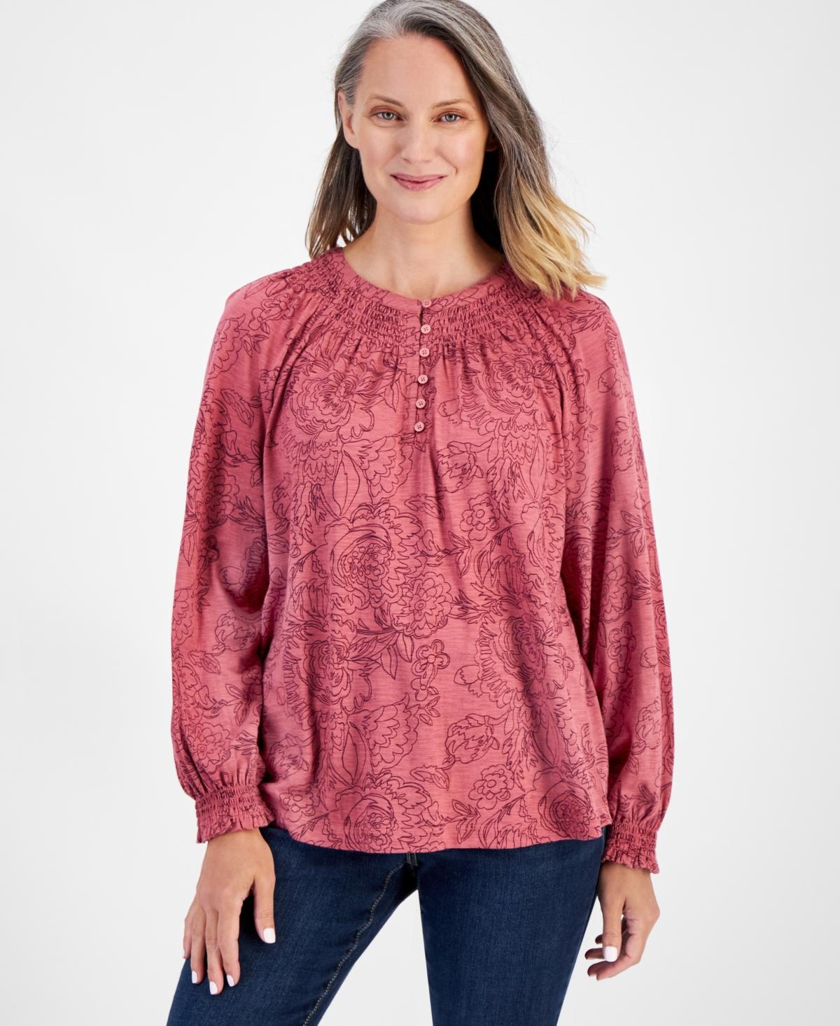 Style & Co Womens Long-Sleeve Smocked-Shoulder Top, Created for Macys Product Image