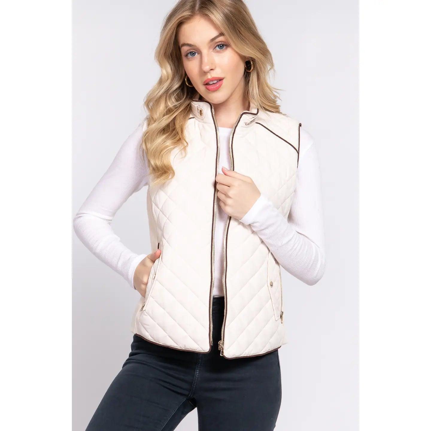 Women's White Suede Piping Detail Rib Quilted Padding Vest Female Product Image