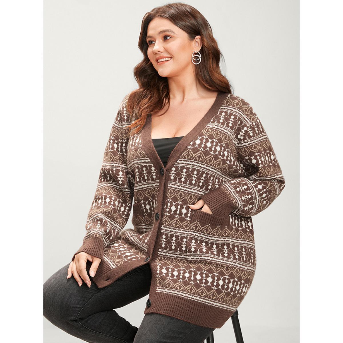 Plus Size Bandana Contrast Super Soft Knit Pocket Open Front Cardigan Tan Women Casual Loose Long Sleeve Dailywear Cardigans BloomChic 14-16/1X Product Image