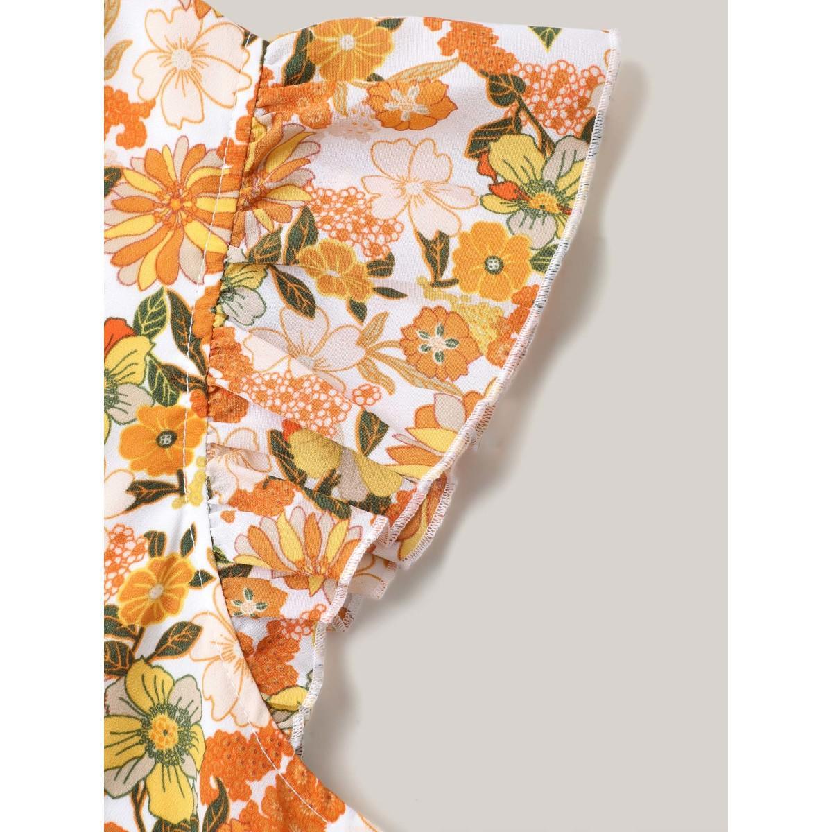 Plus Size Sunkissed Floral Print Flutter Sleeve Midi Dress Brightorange Women Round Neck Cap Sleeve Curvy BloomChic 30/6X Product Image