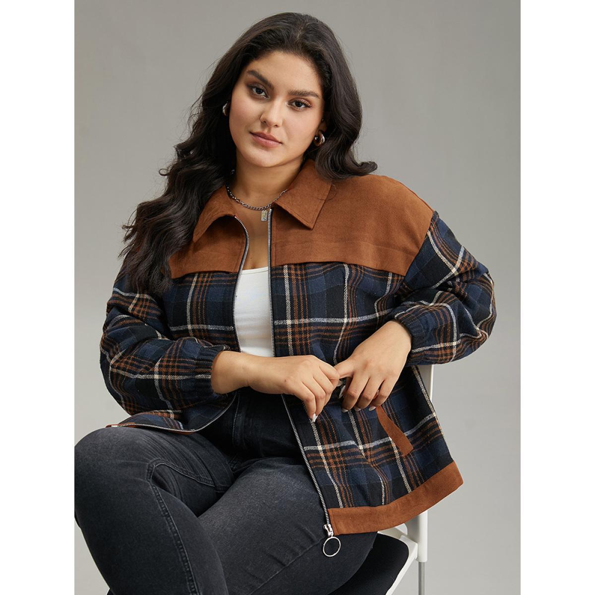 Plus Size Plaid Patchwork Pocket Lapel Collar Zipper Fly Jacket Women Multicolor Contrast Pocket Dailywear Jackets BloomChic 30/6X Product Image