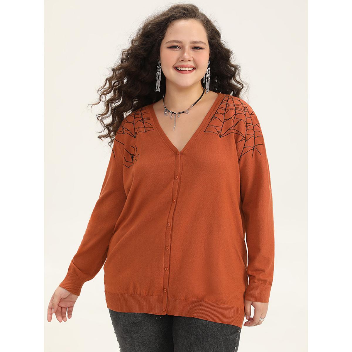 Plus Size Supersoft Essentials Halloween Spider Web Button Through Cardigan Rust Women Casual Loose Long Sleeve Dailywear Cardigans BloomChic 12/L Product Image