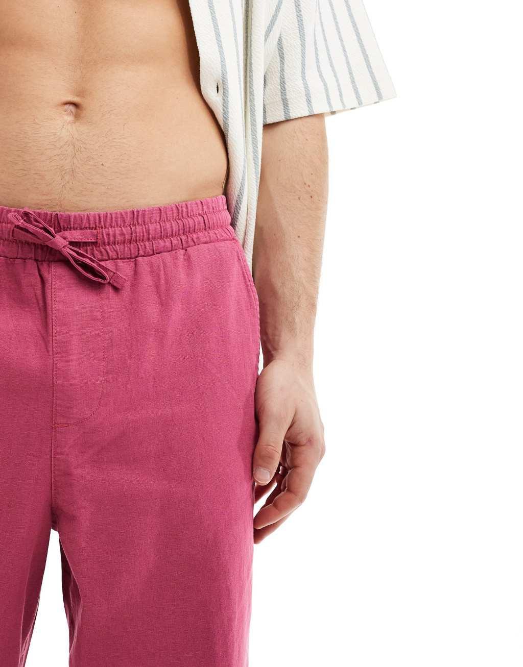 ASOS DESIGN baggy linen mix pants with elastic waist in pink  Product Image