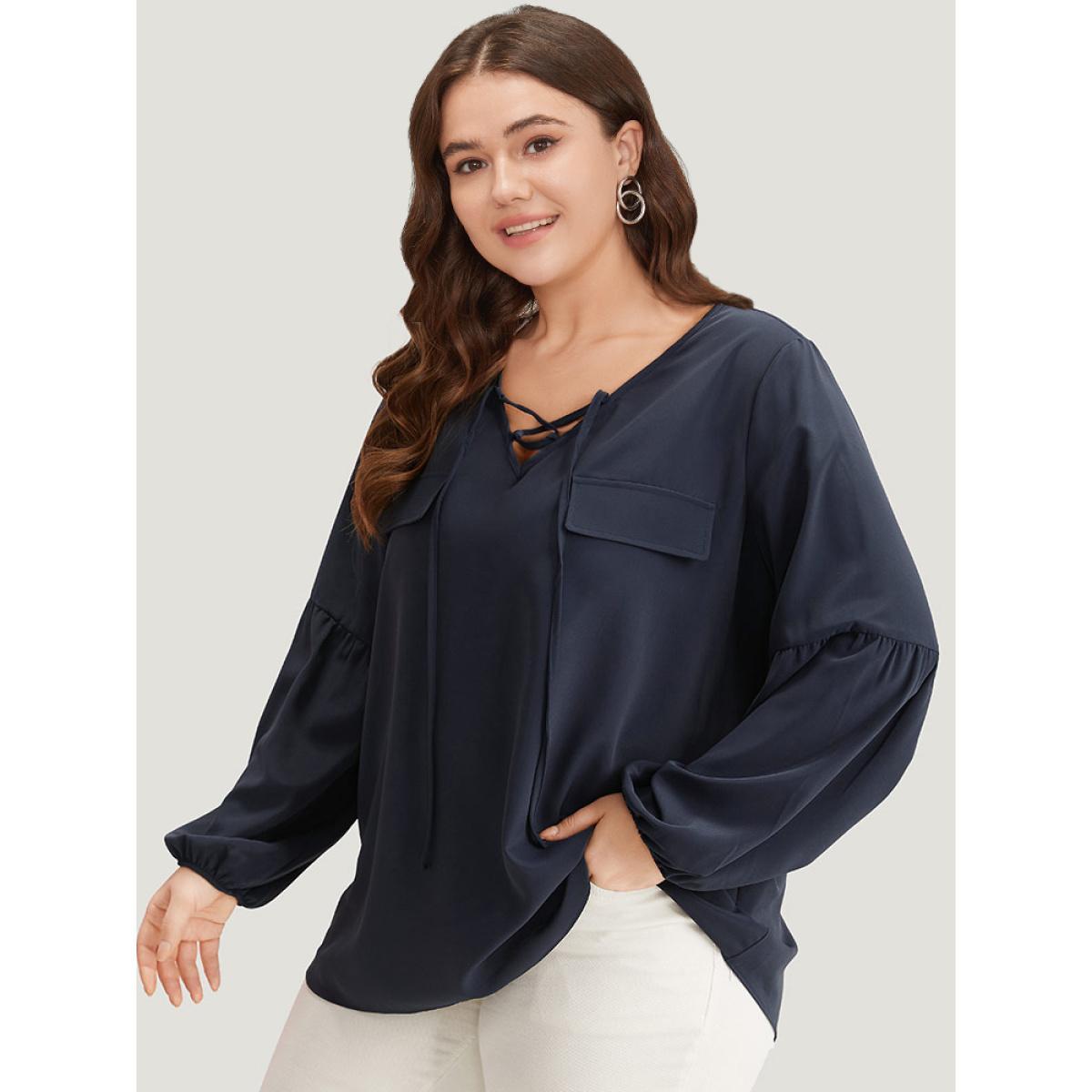 Plus Size Indigo Solid Elastic Cuffs Lace Up Blouse Women Office Long Sleeve V-neck Work Blouses BloomChic 22-24/3X Product Image