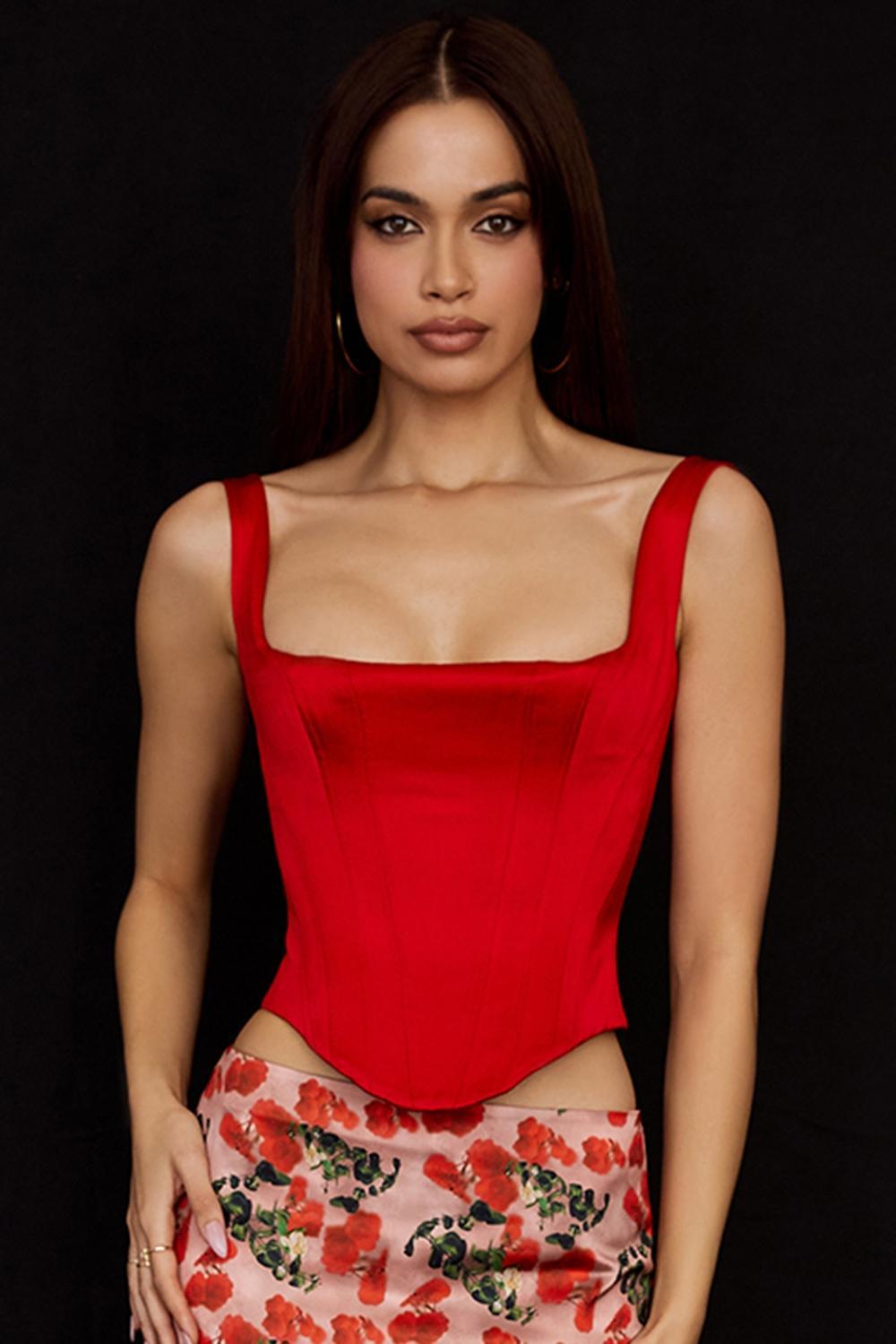 Rafa  scarlet satin longline corset Product Image