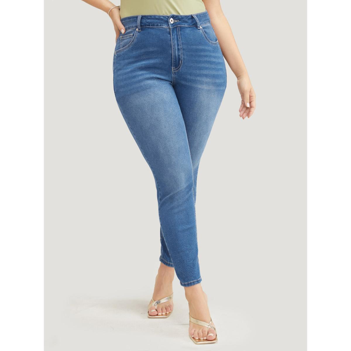 Plus Size Very Stretchy High Rise Medium Wash Floral Embroidered Jeans Women Indigo Casual Plain High stretch Pocket Jeans BloomChic 20/2X Product Image
