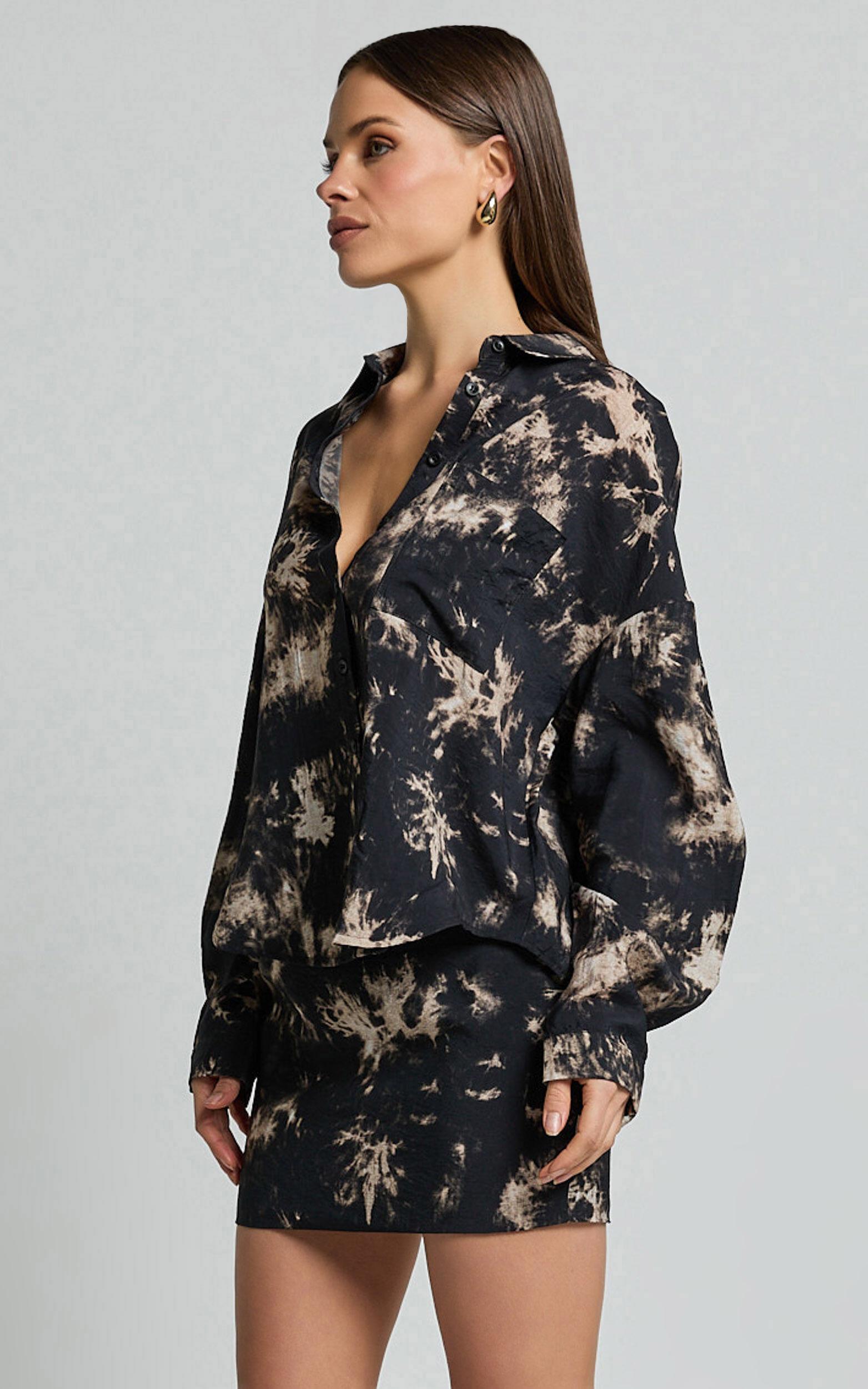 Romain Mini Skirt - High Waisted Printed Mini Skirt in Black Tie Dye Product Image