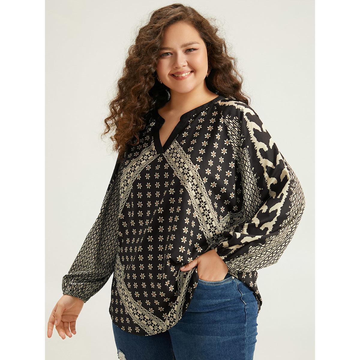 Plus Size Black Boho Print Lantern Sleeve Notched Blouse Women Vacation Long Sleeve Notched collar Dailywear Blouses BloomChic 30/6X Product Image