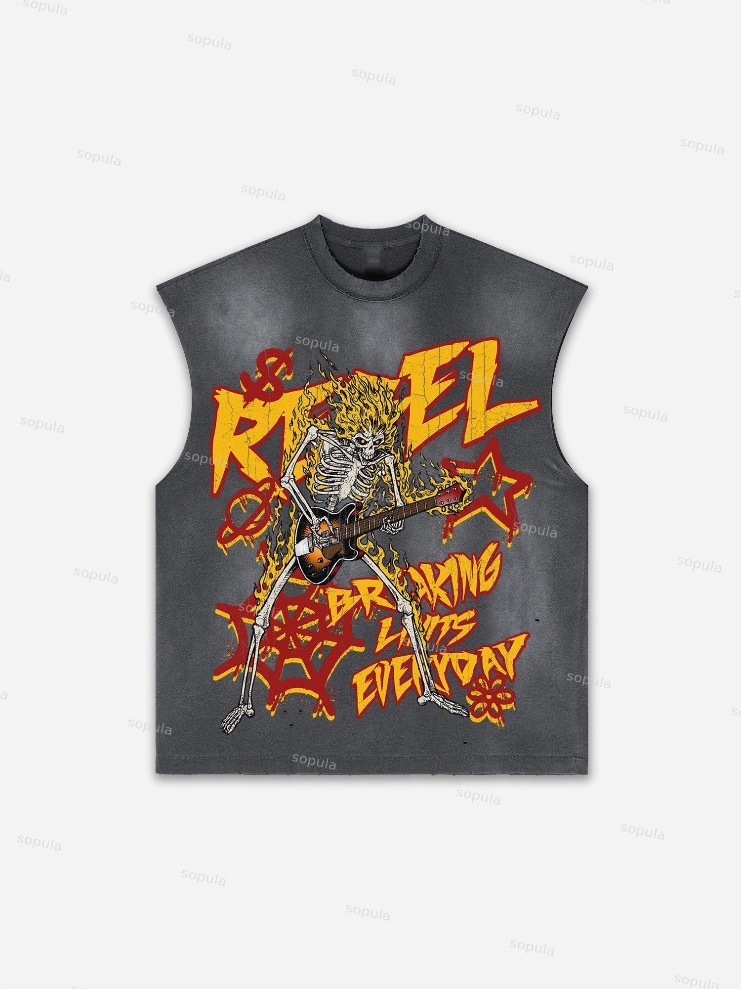 Flame Skull Graffiti Print Distressed Tank Top Product Image