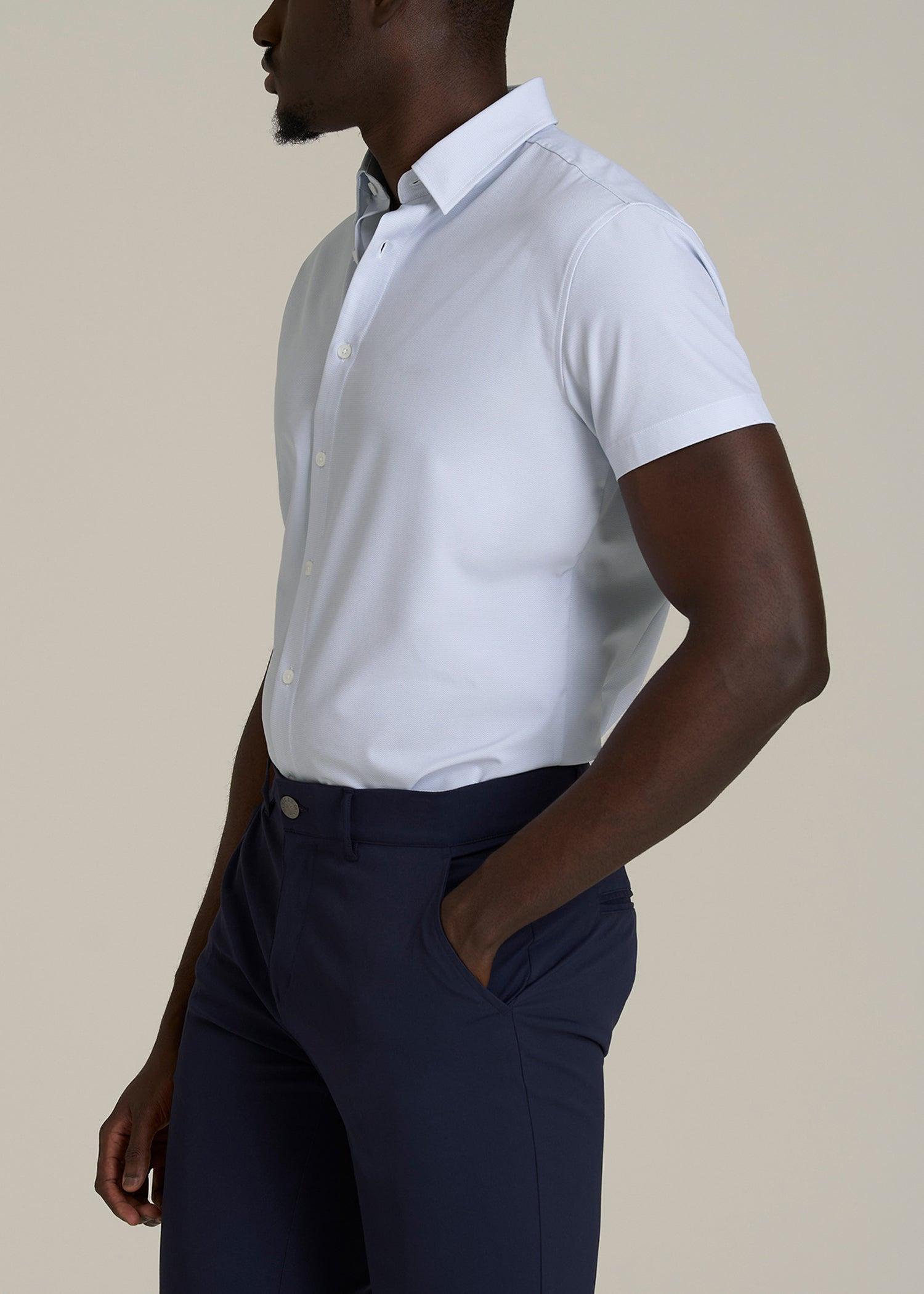 Short Sleeve Traveler Stretch Button Shirt for Tall Men in Light Grey Chevron Product Image