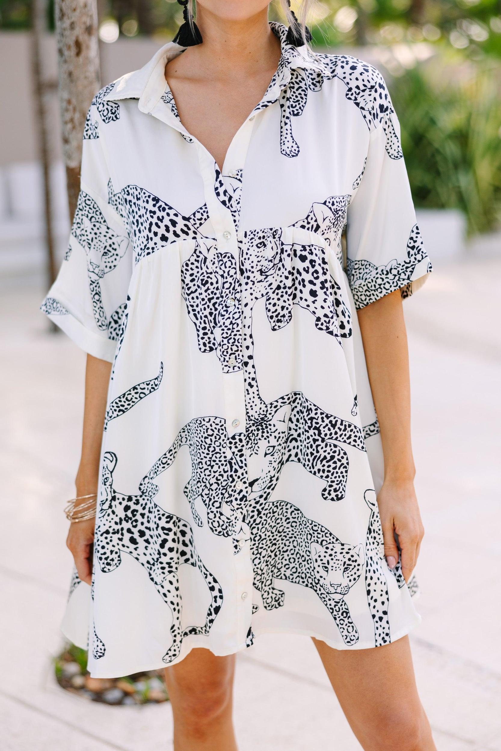 Good Ideas Cream White Leopard Print Babydoll Dress Female Product Image