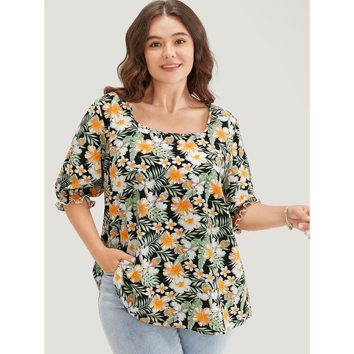 Plus Size BlackFlower Tropical Print Puff Sleeve Ruffles Trim Square Neck Blouse Women Vacation Elbow-length sleeve Square Neck Dailywear Blouses BloomChic 30/6X Product Image