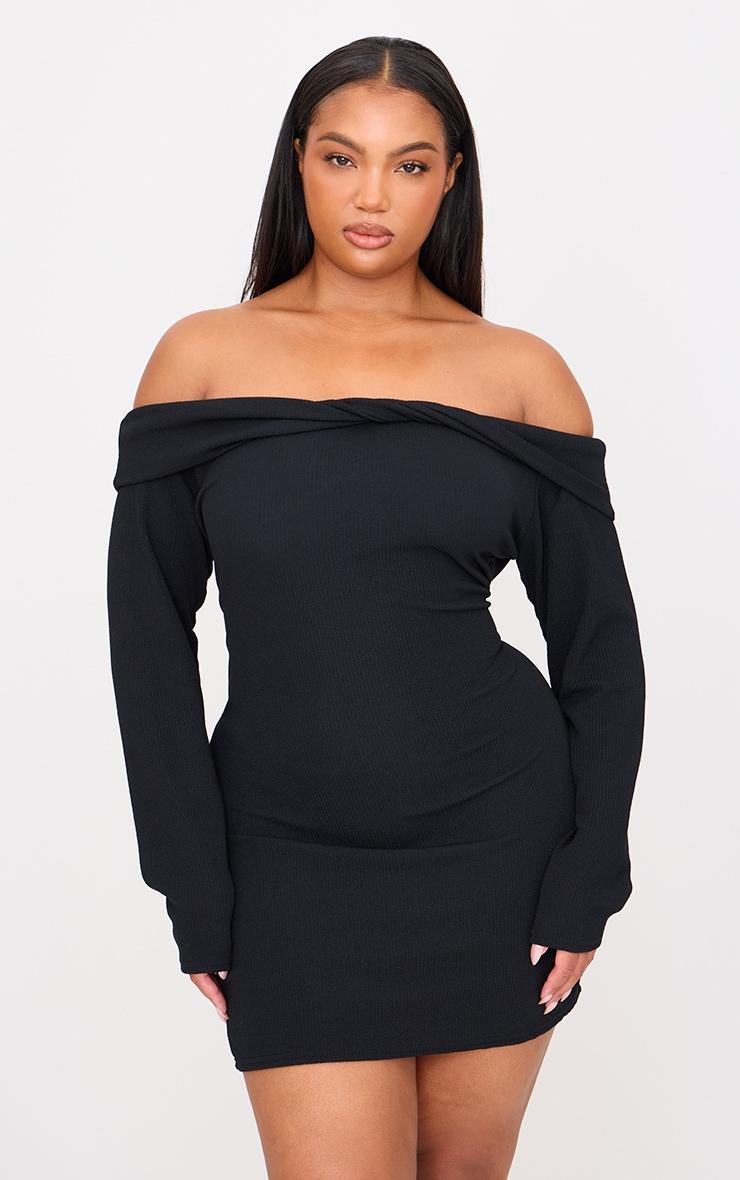 Plus Black Twist Front Bardot Ribbed Mini Dress Product Image