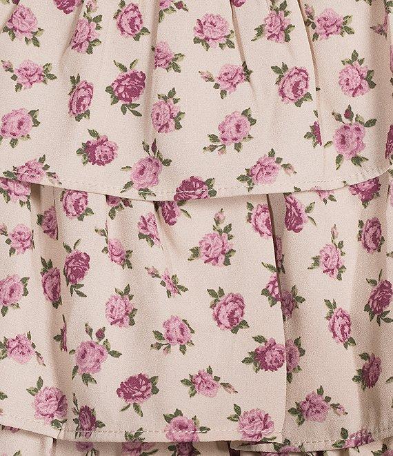 Midnight Doll Ditsy Floral Print Puff Sleeve Smocked Bodice Tiered Ruffle Midi Dress Product Image