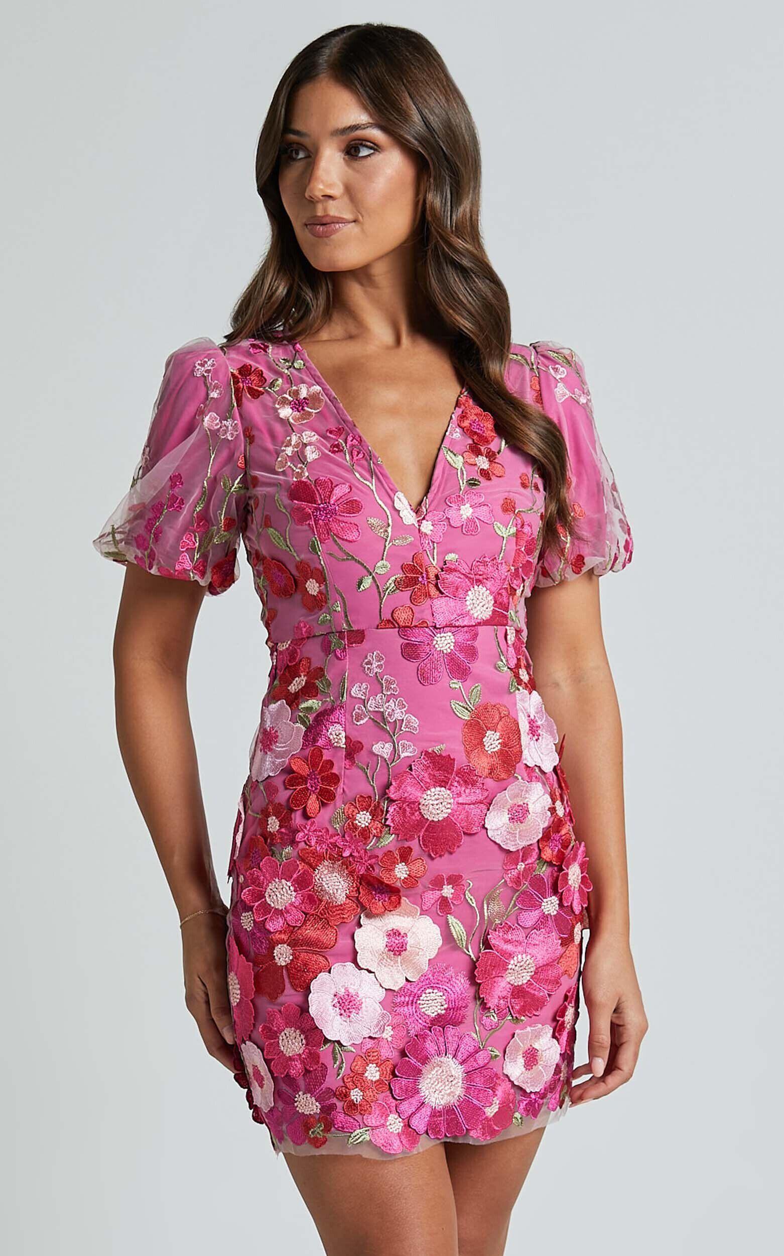 Wren Mini Dress - Puff Sleeve Bodycon 3d Garden Flowers Dress in Magenta Product Image