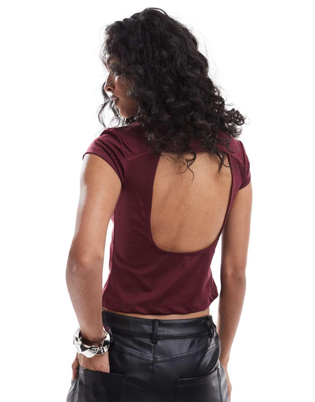 ASOS DESIGN high neck top with open back in wine Product Image
