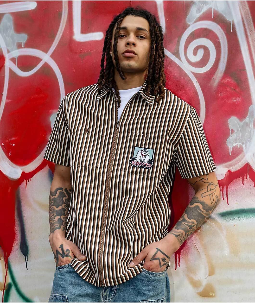 Empyre Glen Black, White & Brown Stripe Short Sleeve Zip Shirt Product Image
