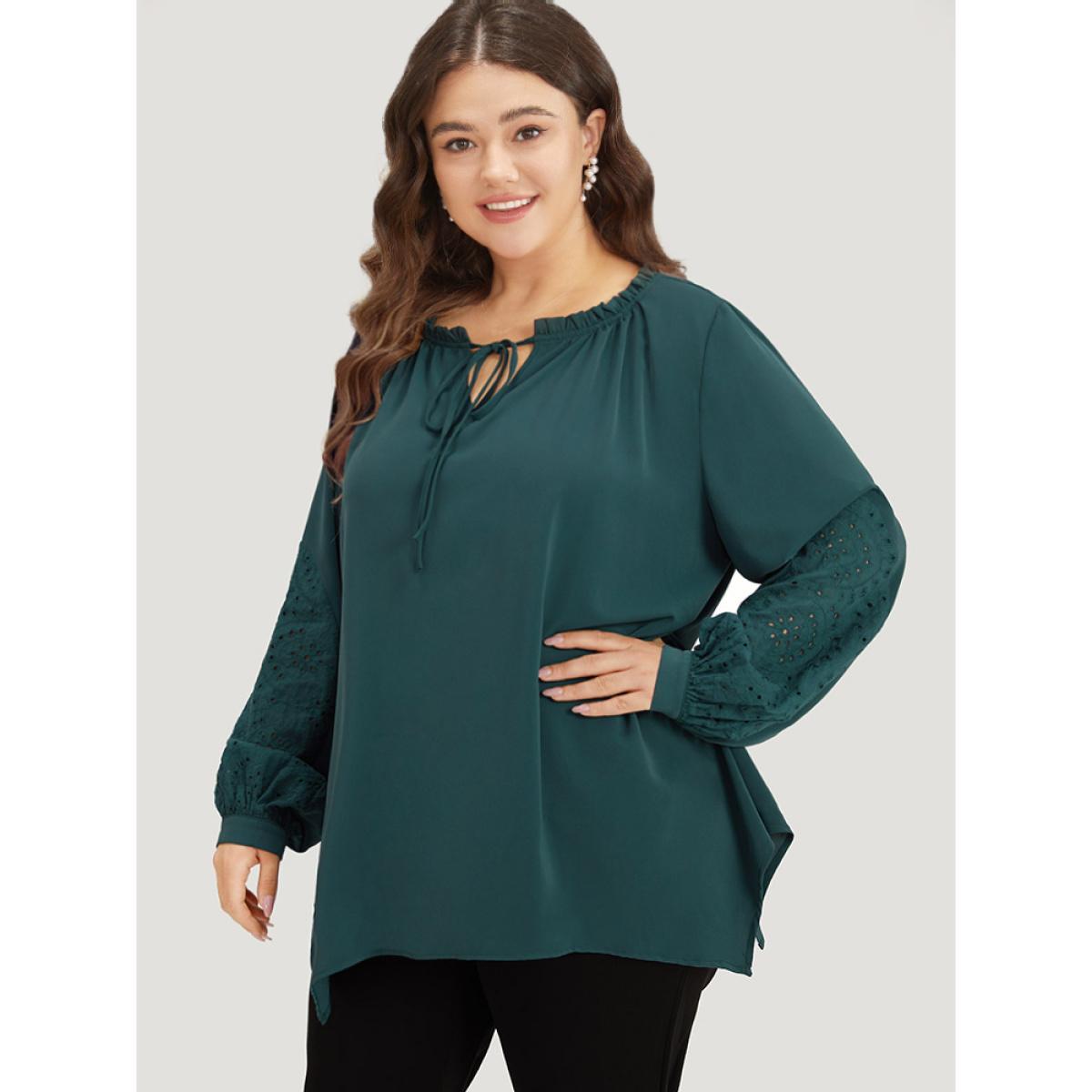 Plus Size DarkGreen Anti-Wrinkle Broderie Anglaise Knot Neck Frill Trim Lantern Sleeve Blouse Women Office Long Sleeve Tie Neck Work Blouses BloomChic 10/M Product Image