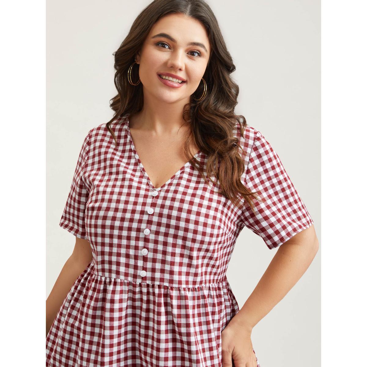Plus Size Crimson Plaid Hi-Low Hem Button Shirt Women Casual Short sleeve V-neck Everyday Blouses BloomChic 18-20/2X Product Image