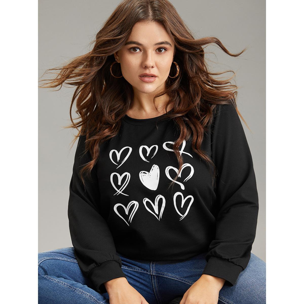 Plus Size Heart Print Round Neck Sweatshirt Women Black Casual Printed Dailywear Sweatshirts BloomChic 22-24/3X Product Image