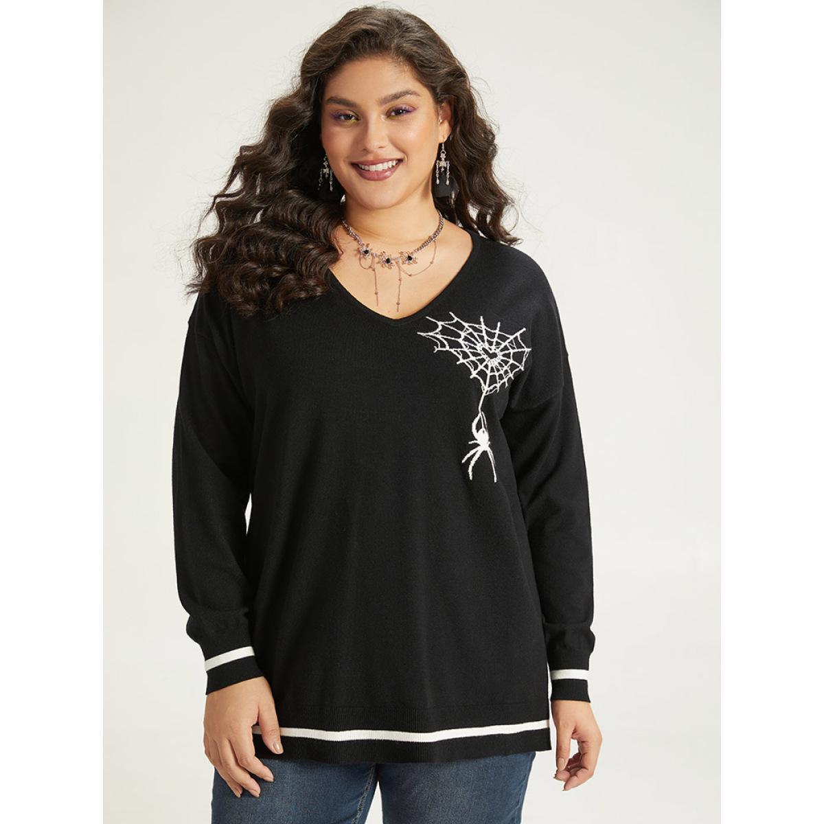 Plus Size Halloween Supersoft Essentials Spider Web Print Contrast Trim Pullover Black Women Casual Loose Long Sleeve V-neck Festival-Halloween Pullovers BloomChic 26/4X Product Image