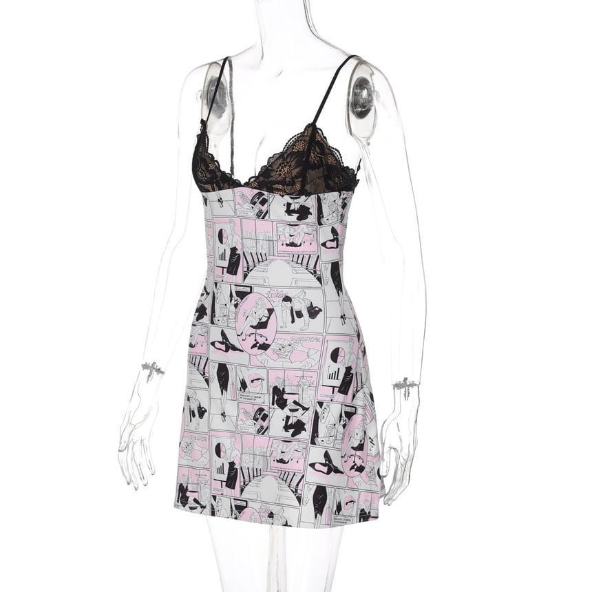 Spaghetti Strap Lace Panel Printed Mini A-Line Dress Product Image