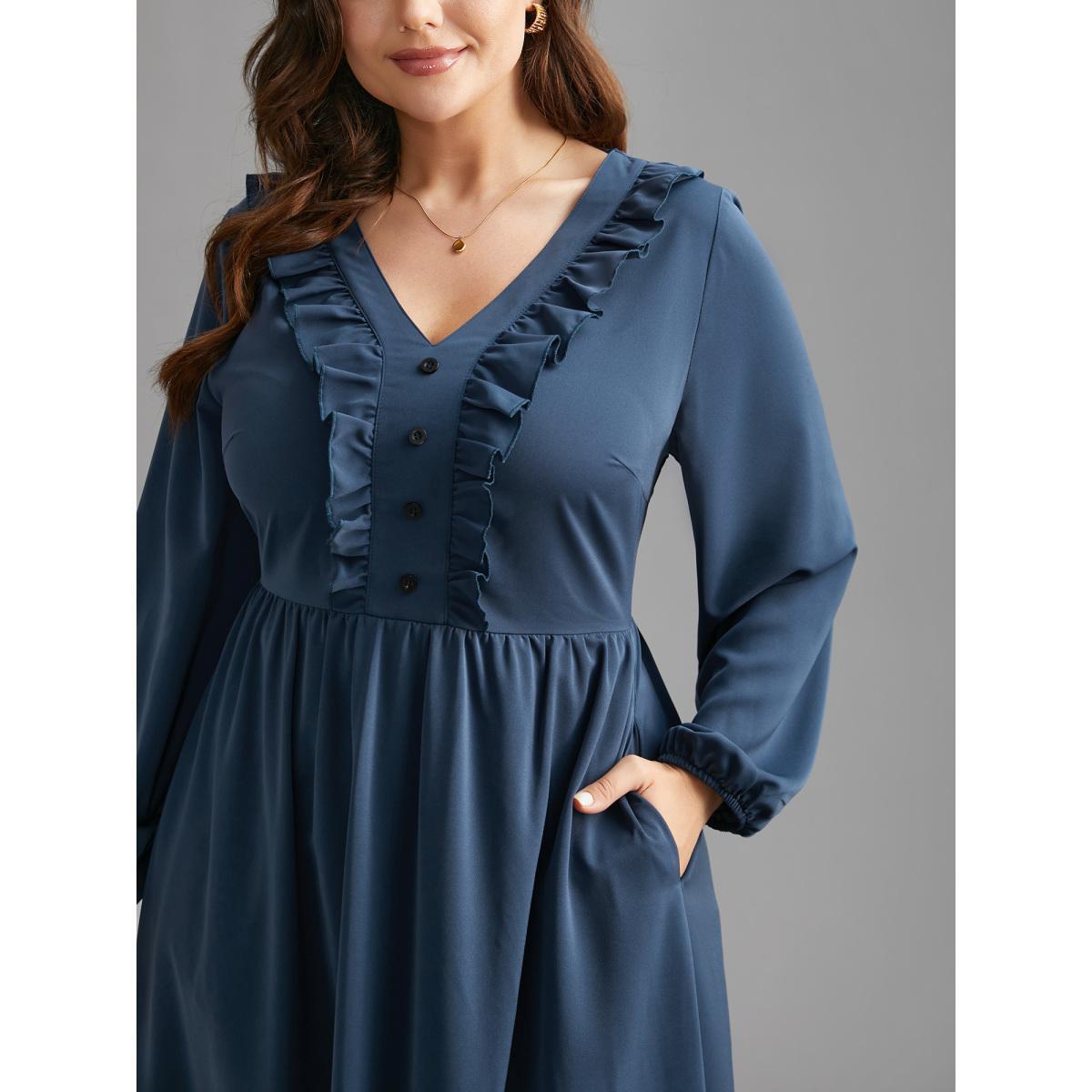 Plus Size Solid Ruffle Trim Elastic Waist Midi Dress DarkSlateGray Women Elegant Frill Trim V-neck Long Sleeve Curvy BloomChic 22-24/3X Product Image