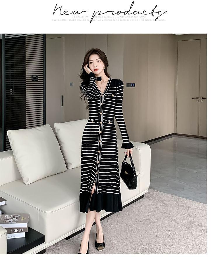 Long-Sleeve V-Neck Striped Ruffle Midi Sheath Dress Product Image