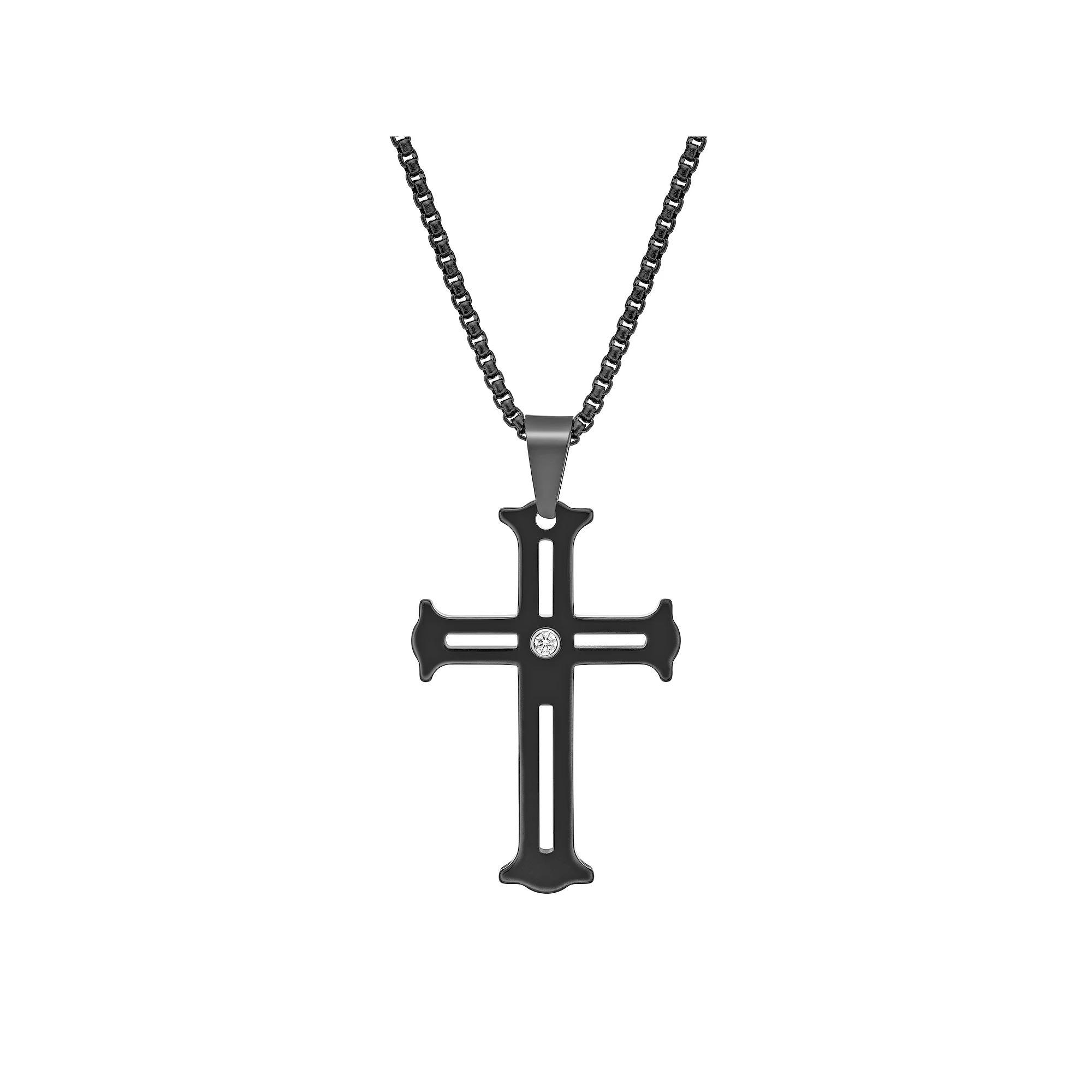 LYNX Men's Black Ion-Plated Tungsten Cross Pendant with Cubic Zirconia Accent, Size: 24", Stainless Product Image