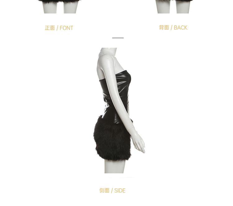 Strapless Plain Fluffy Trim Faux Leather Mini Sheath Dress Product Image