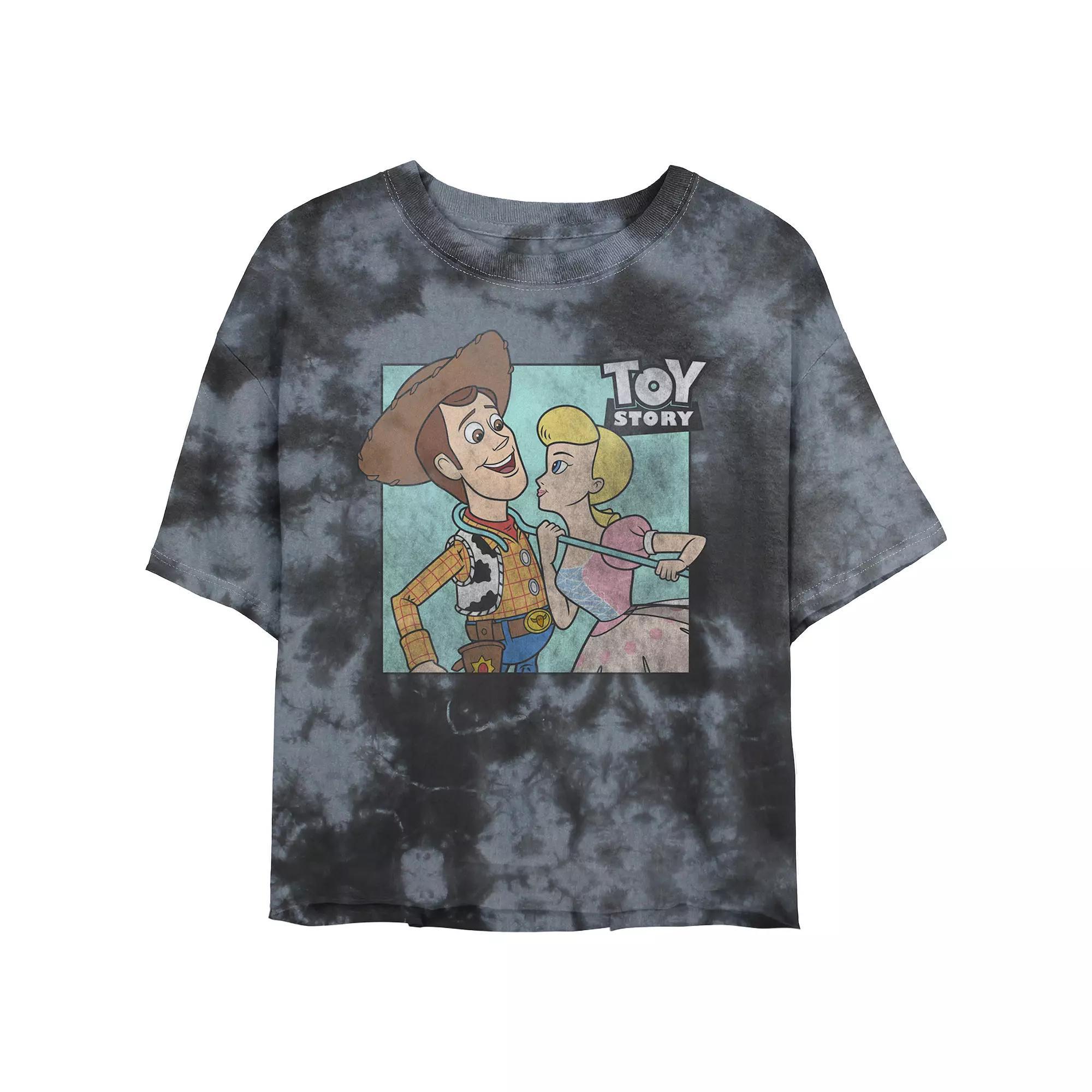 Disney / Pixars Toy Story Woody And Bo Peep About To Kiss Juniors Cropped Graphic Tee Top Bombard Wash Juniors Graphic Tee, Womens Black Grey Product Image