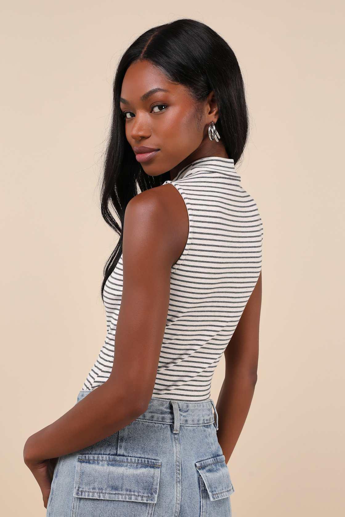 Elevated Selection Ivory Striped Mock Neck Sleeveless Bodysuit Product Image