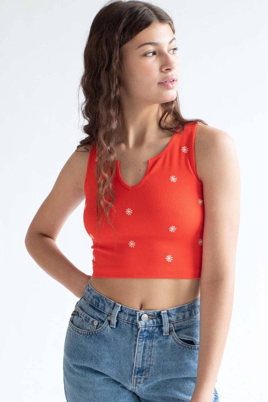 Red Embroidered Flower Seamless Notch Tank Product Image