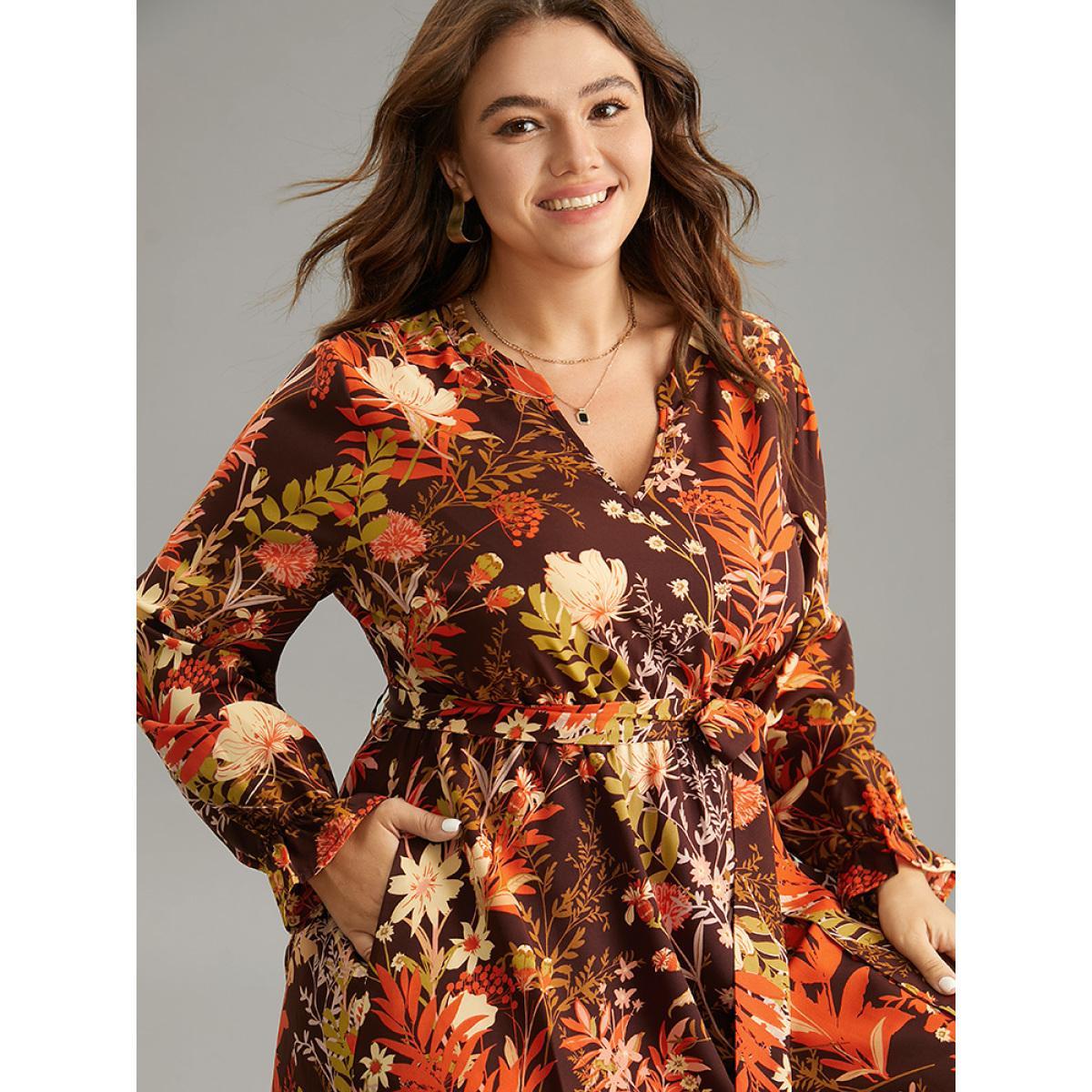 Plus Size Floral Belted Notched Lantern Sleeve Ruffles Dress Burgundy Women Casual Belted Notched collar Long Sleeve Curvy Midi Dress BloomChic 28/5X Product Image