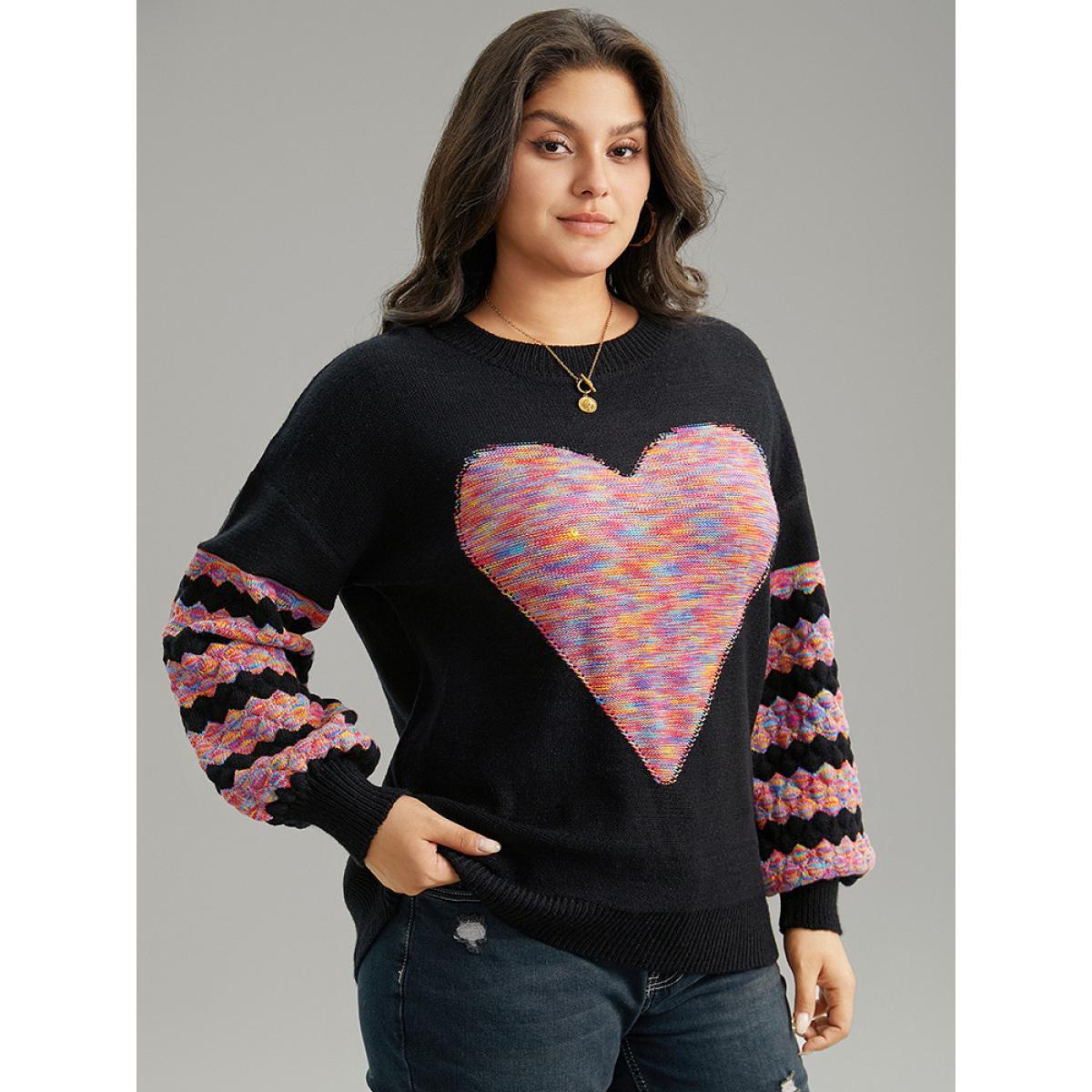 Plus Size Heart Heather Patchwork Crew Neck Pullover Black Women Casual Loose Long Sleeve Round Neck Everyday Pullovers BloomChic 12/L Product Image
