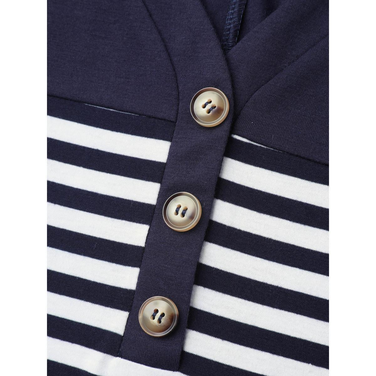 Plus Size Stretchy Striped Button Front T-Shirt Indigo Women Casual Contrast V-neck Everyday T-shirts BloomChic 12/L Product Image