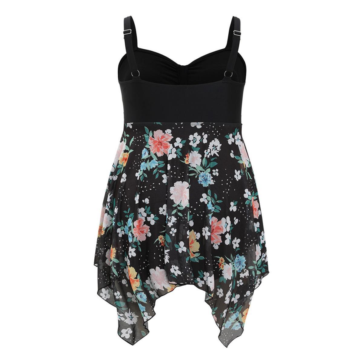 Plus Size Floral Patchwork Ruched Front Hanky Hem Swim Dress Women's Swimwear BlackFlower Vacation Bodycon High stretch Curve Swim Dresses BloomChic 18-20/2X Product Image