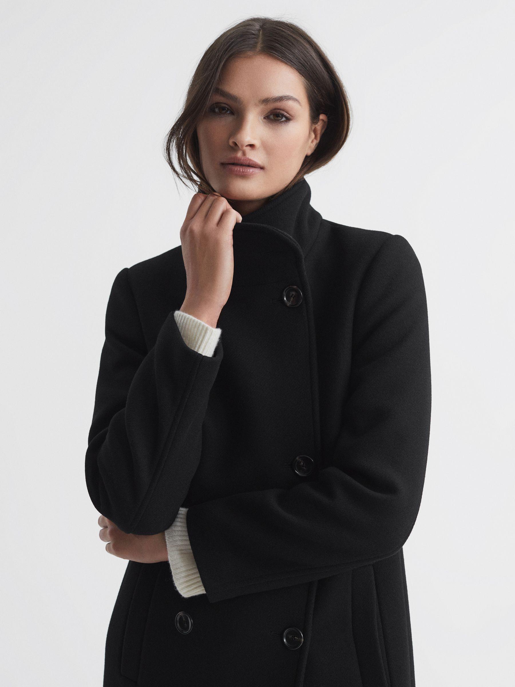 Wool Blend Double Breasted Long Coat in Black Product Image