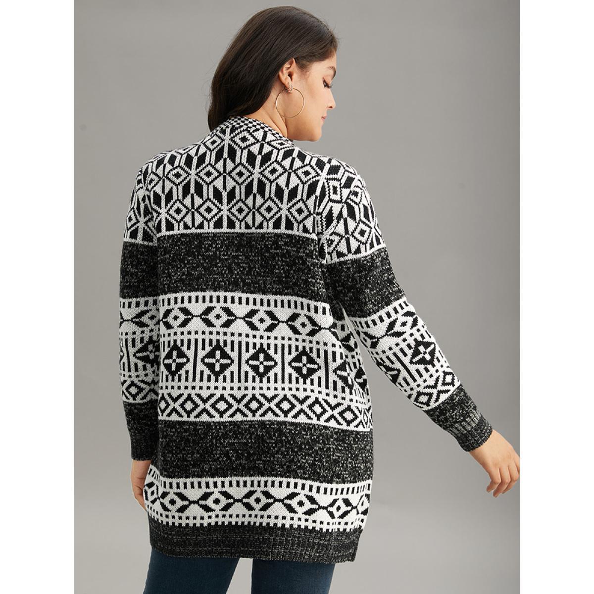 Plus Size Boho Print Heather Jacquard Cardigan Black Women Casual Loose Long Sleeve Dailywear Cardigans BloomChic 28/5X Product Image