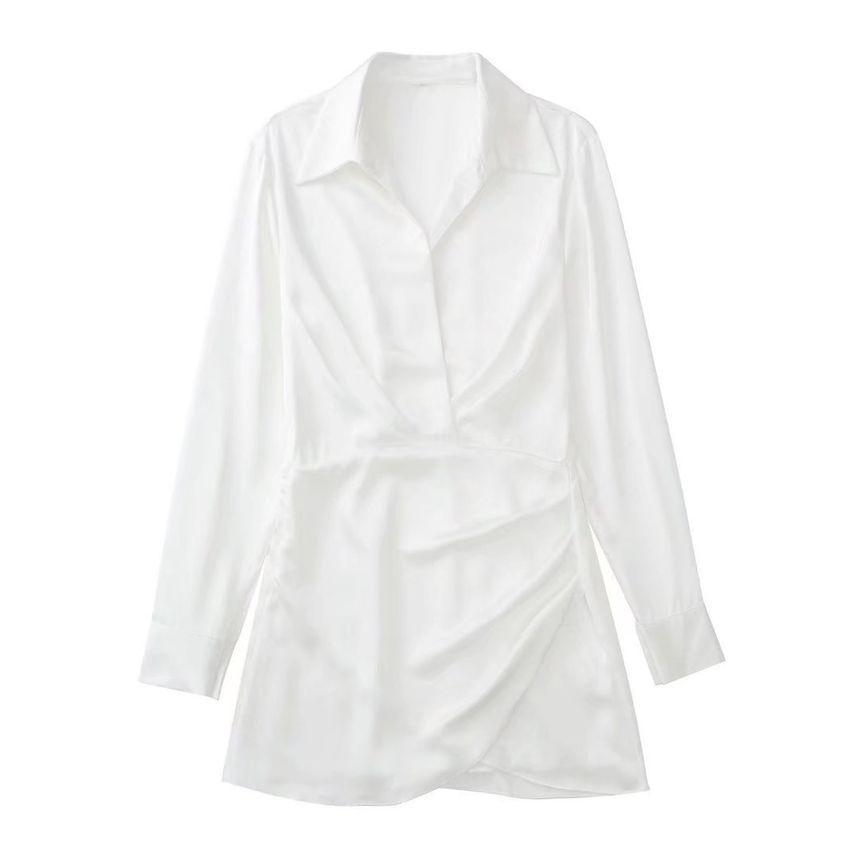 Long-Sleeve Plain Mini Bodycon Shirt Dress Product Image