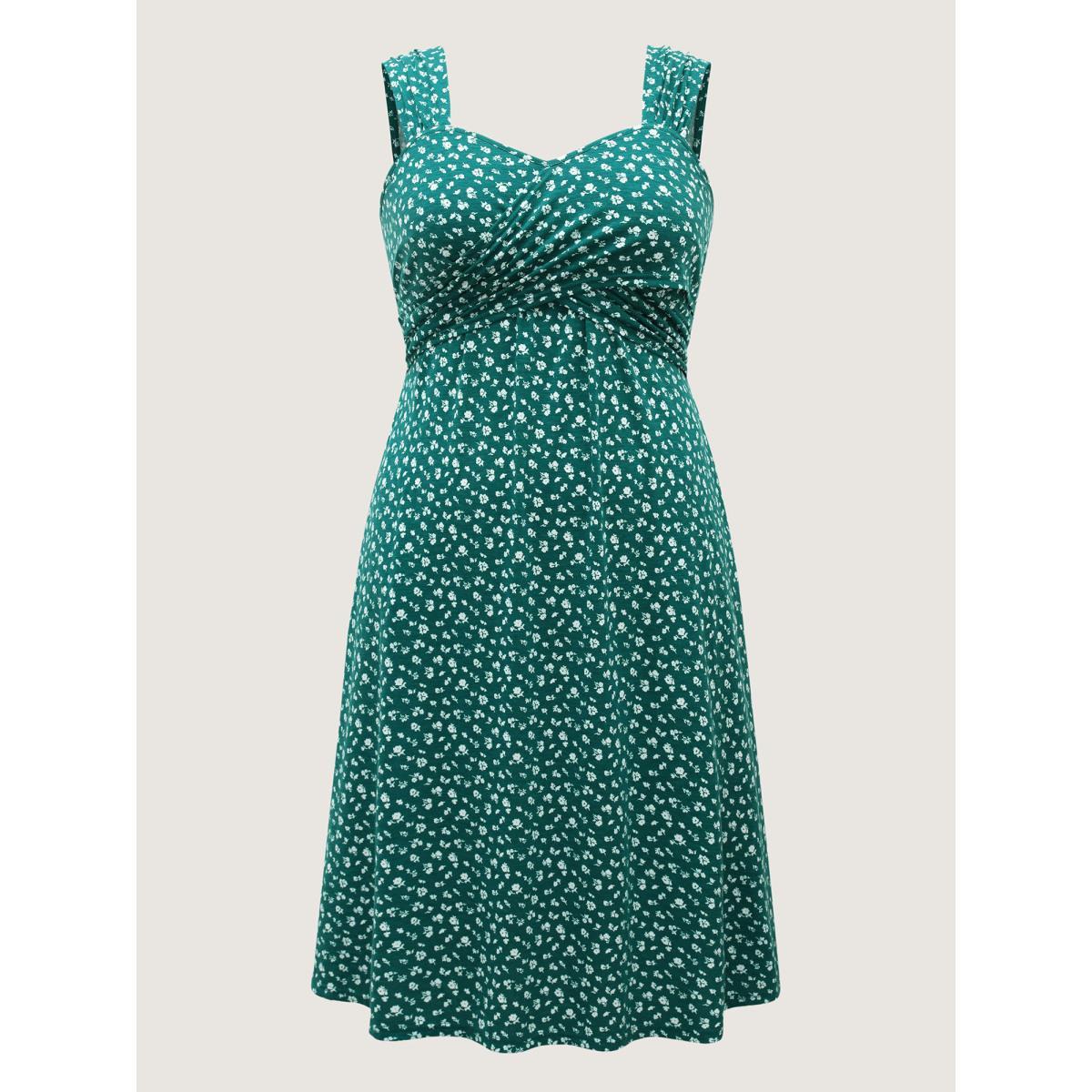 Plus Size Ditsy Floral Print Knit Pockets Midi Dress Emerald Women Heart neckline Sleeveless Curvy BloomChic 26/4X Product Image