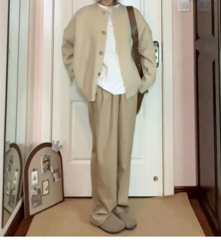 Round Neck Plain Cardigan Product Image