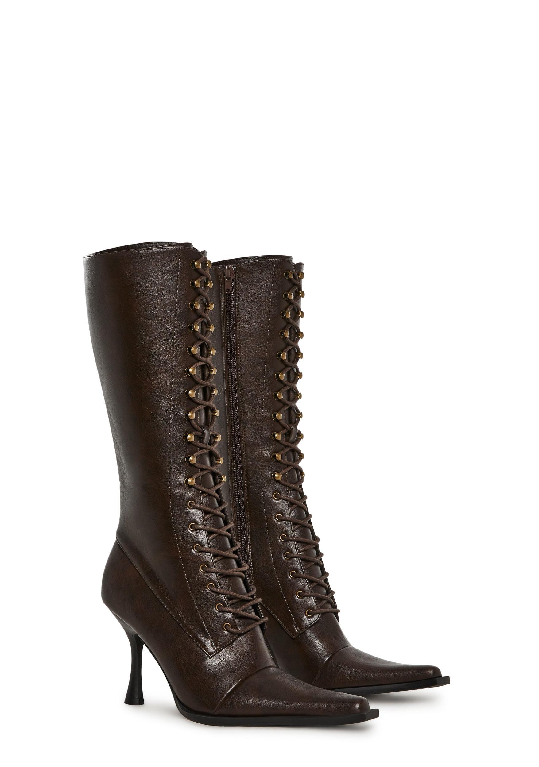 Vegan Leather Side Zipper Lace Up Boots Generation Kiss - Brown Product Image
