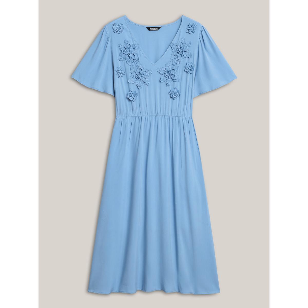 Plus Size Rayon Floral Detail Cinched-Waist Midi Dress Skyblue Women V-neck Short sleeve Curvy BloomChic 22-24/3X Product Image