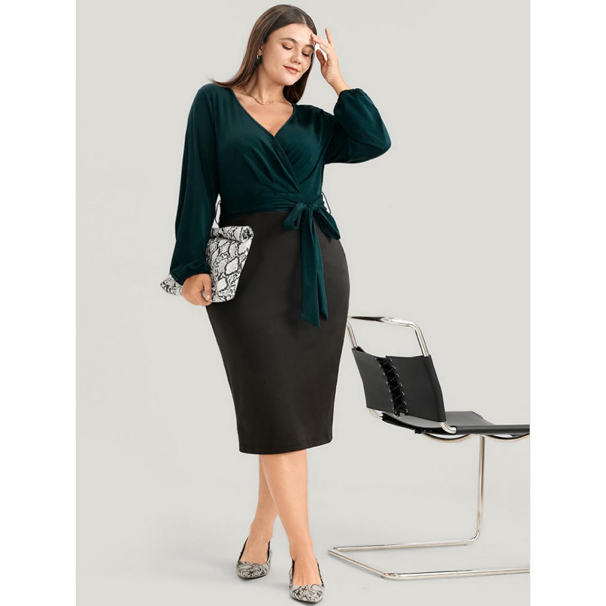Plus Size Colorblock Contrast Wrap Lantern Sleeve Belted Bodycon Dress DarkGreen Women Glamour Contrast V-neck Long Sleeve Curvy Midi Dress BloomChic 12/L Product Image