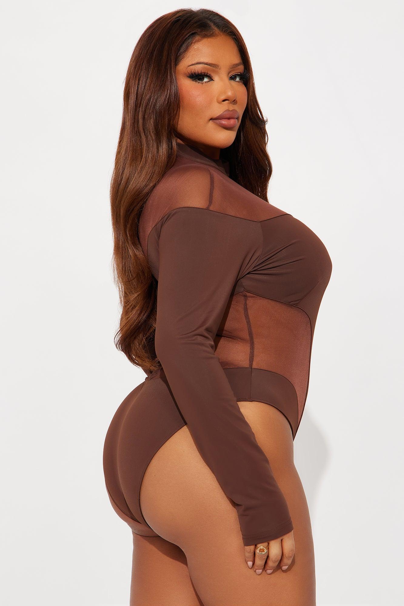Zuri Mesh Cut Out Long Sleeve Bodysuit - Chocolate Female Product Image