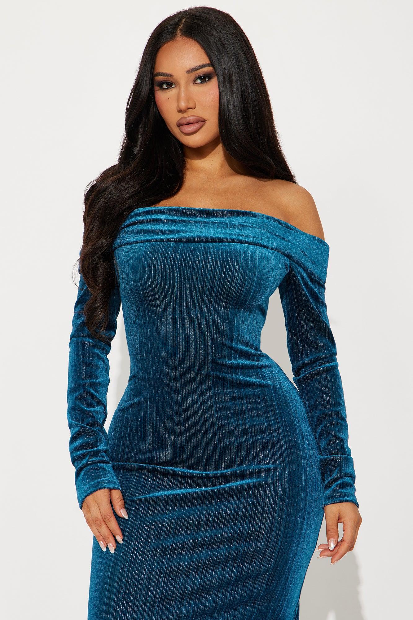 All That Shimmer Velvet Maxi Dress - Teal Product Image
