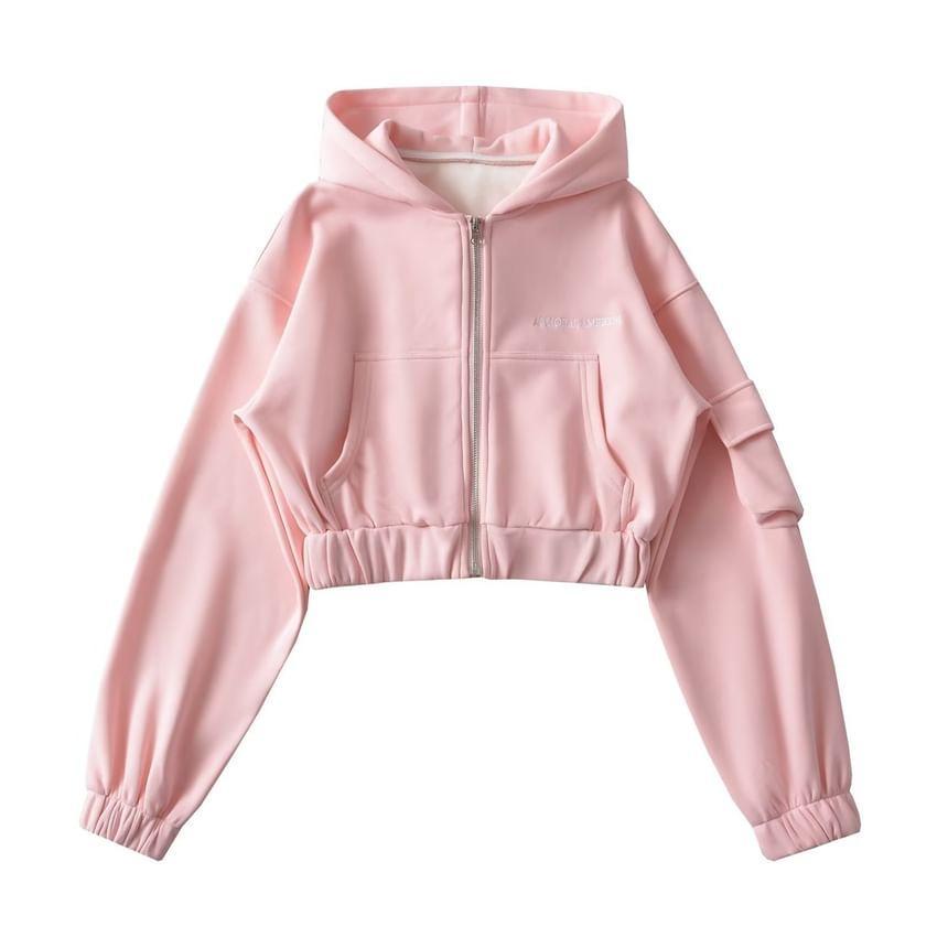 Lettering Crop Zip-Up Hoodie Product Image